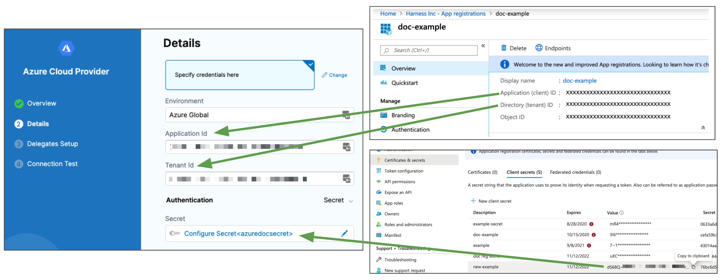 A comparison of app registration details and corresponding fields in the Harness connector settings.